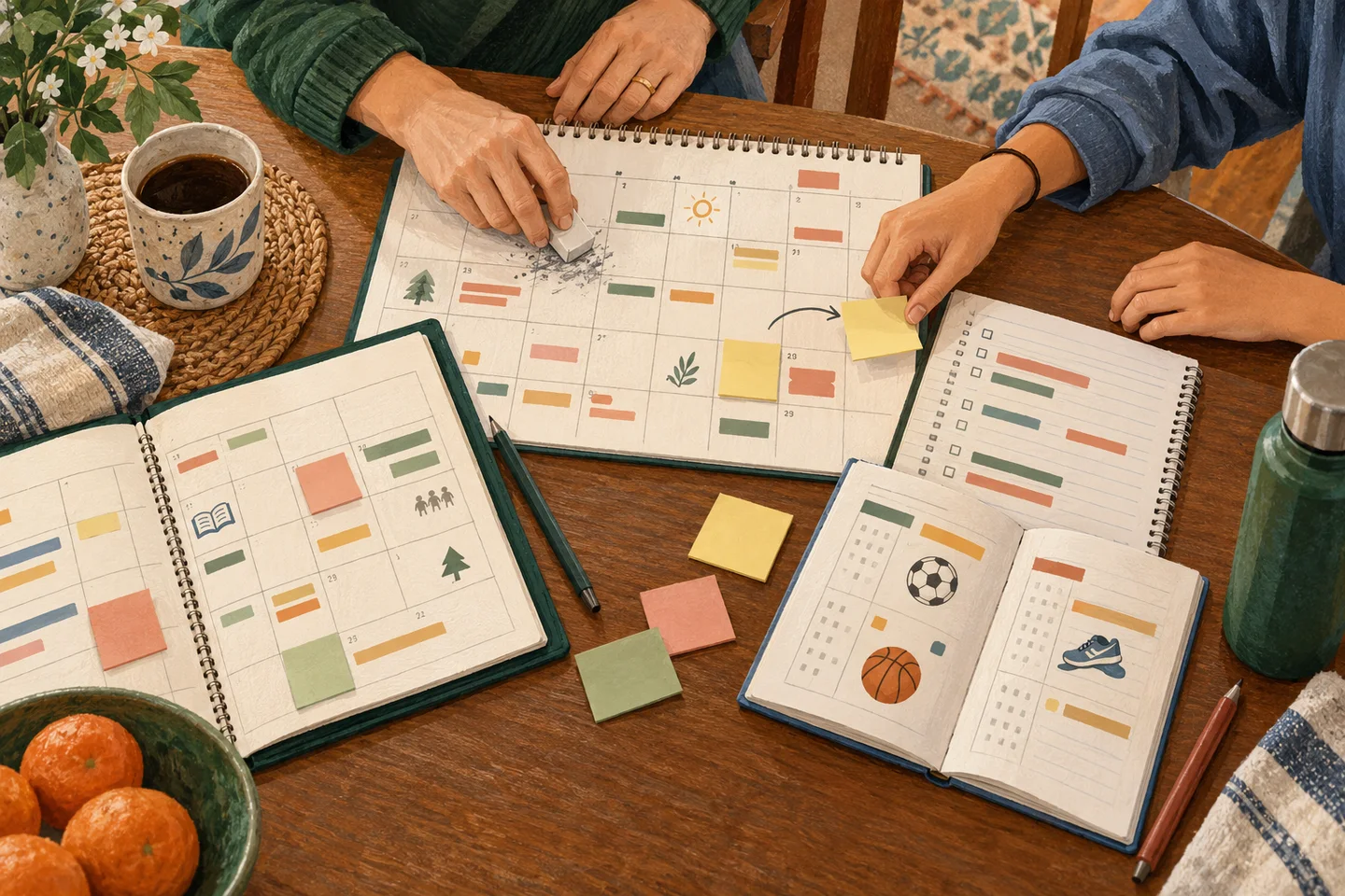 Illustration of hands moving calendar notes to leave space between preparation, testing and decisions.