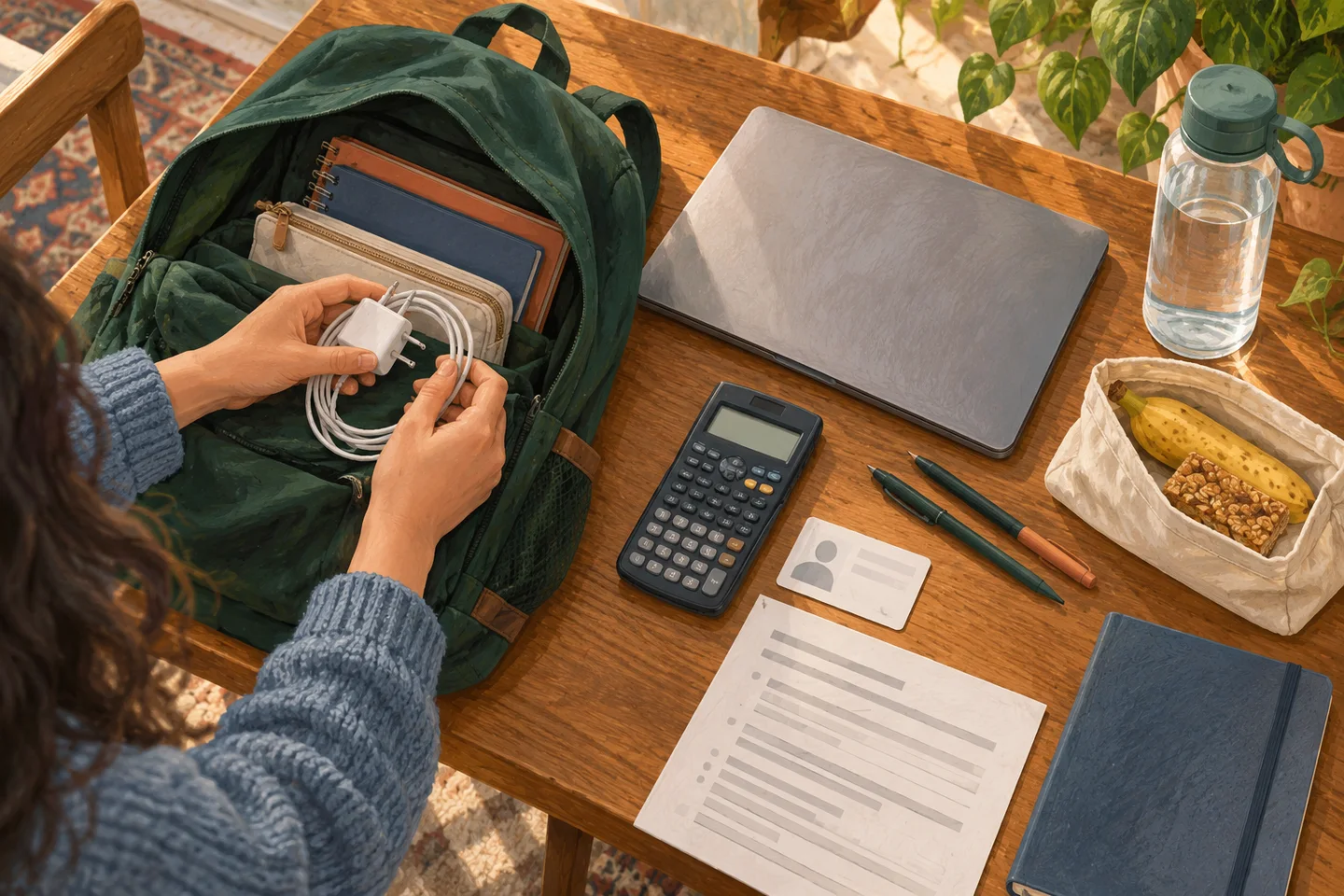 Illustration of a testing bag with laptop, charger, paper ticket, calculator, water and snack.