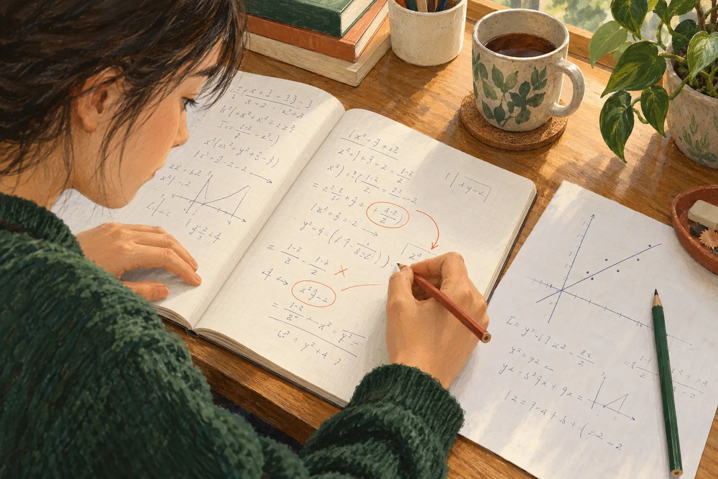 Illustration of a student reviewing an error in a notebook and attempting a fresh related problem.