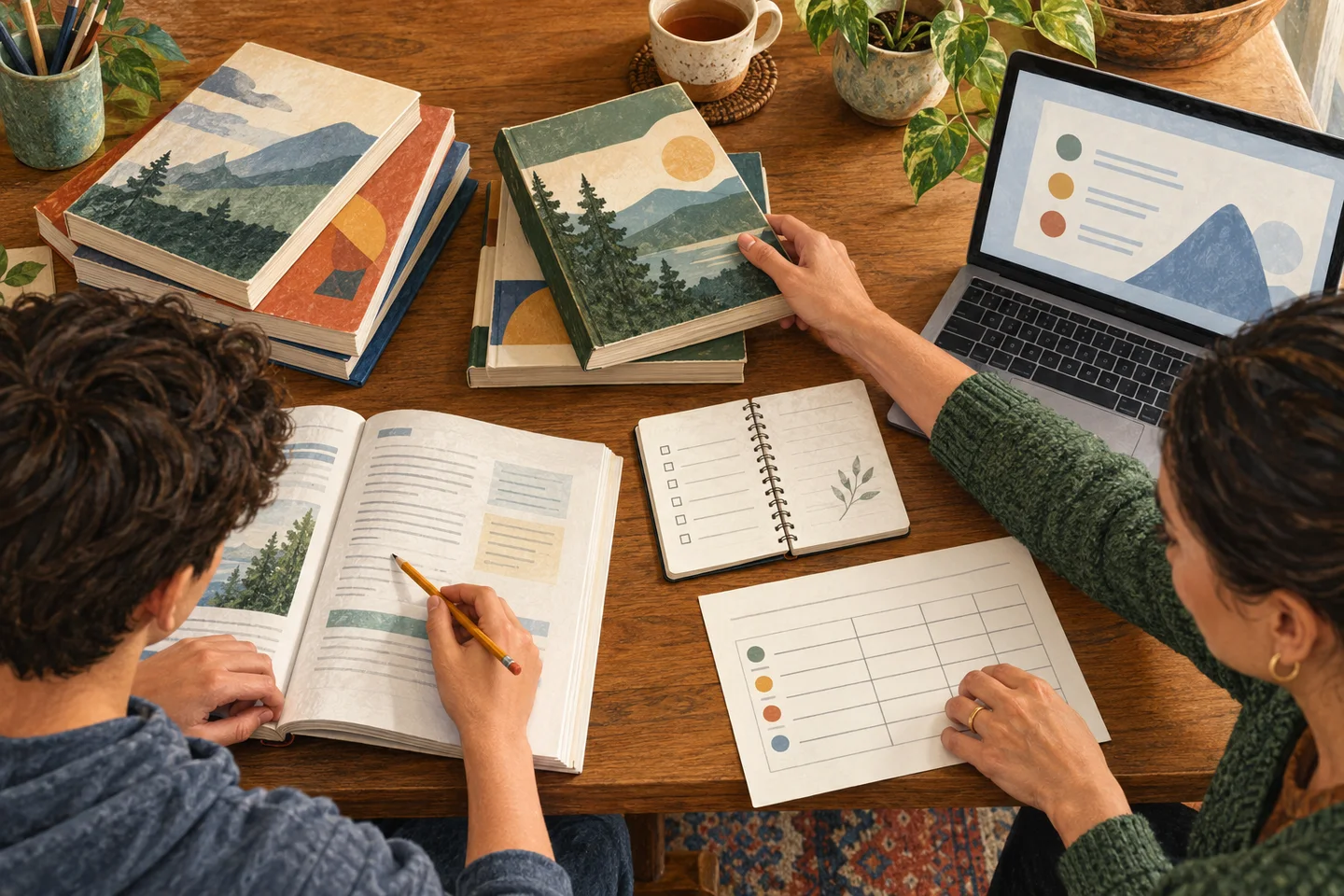 Illustration of a family comparing study books, a lesson on a laptop and a preparation budget.