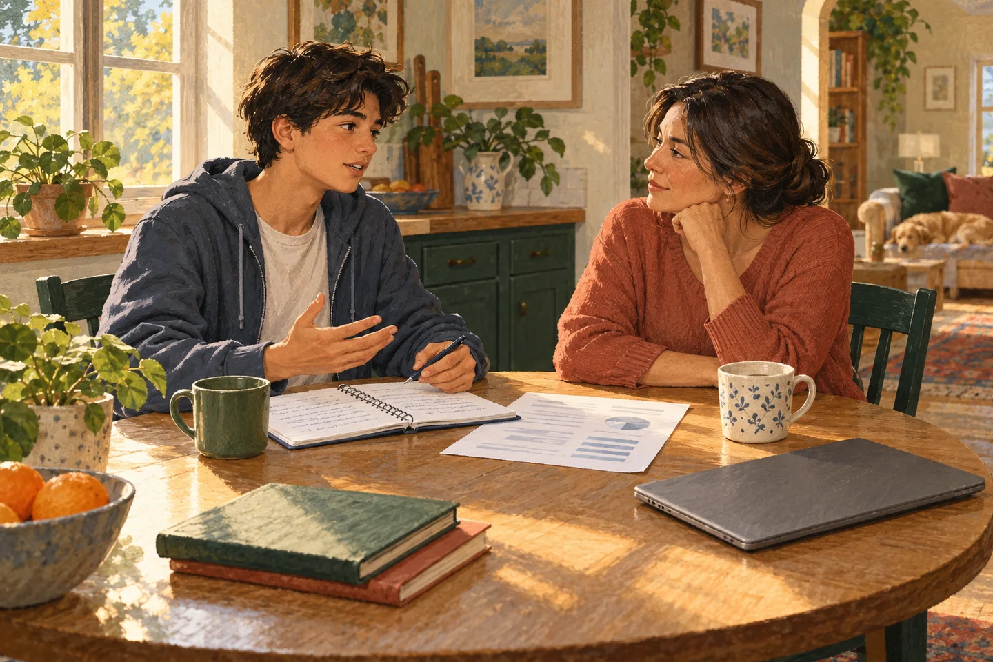 Illustration of a parent listening to a teenager during a calm conversation about another test attempt.