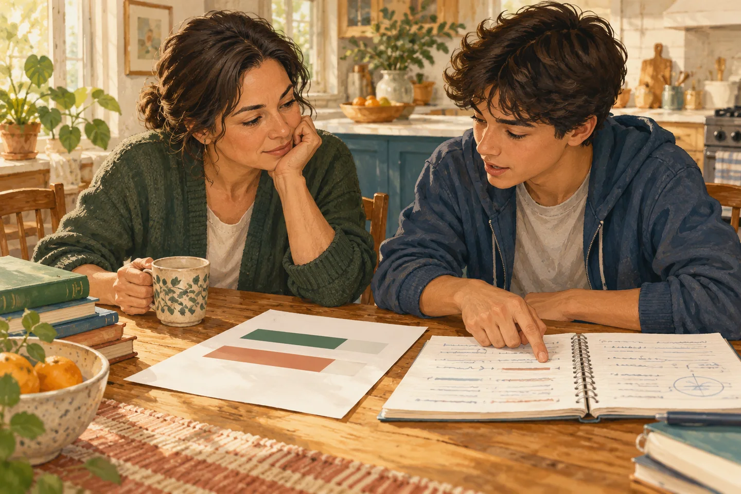 Illustration of a parent and teenager reviewing a practice report beside the student's error notebook.