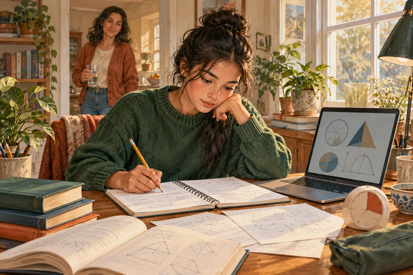 Illustration of a teenager studying independently at a desk while a parent brings water and steps back.