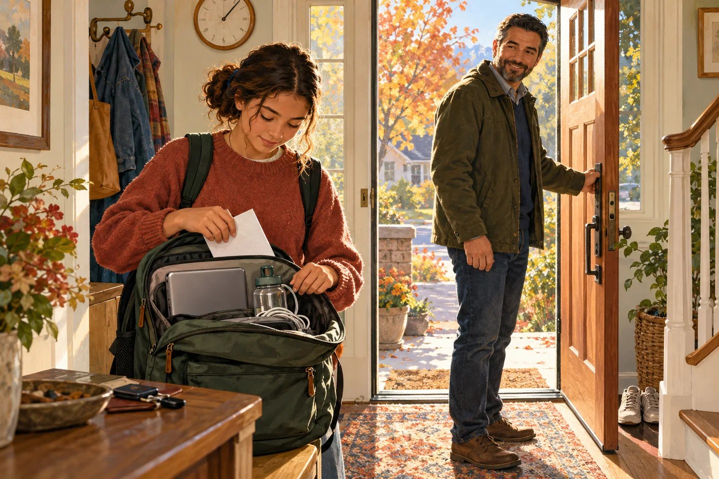 Illustration of a teenager checking an exam bag at home before leaving with a parent.