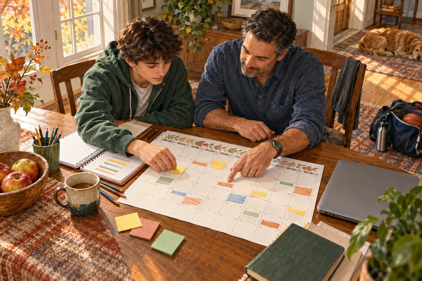 Illustration of a father and teenager choosing a test date together using a family calendar.