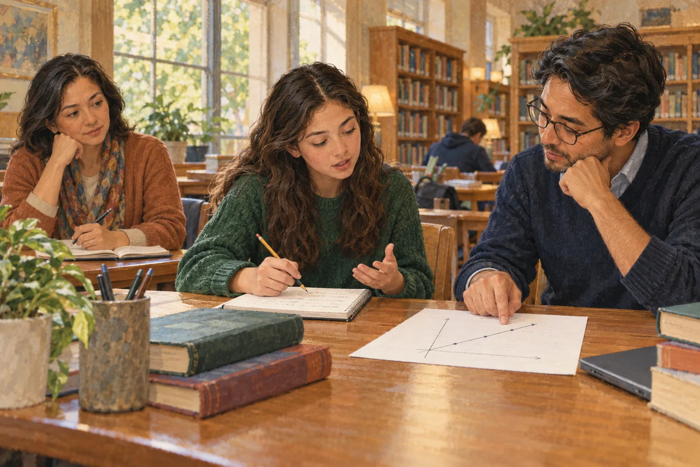 Illustration of a student explaining a graph to a tutor while a parent observes a sample lesson.
